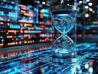 Digital Data Hourglass on Abstract Background Symbolizing Technology and Business Time Flow, 3D Rendered Concept
