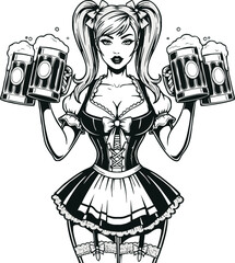 A beautiful barmaid in a dirndl with pigtails holds four large mugs of frothy beer.