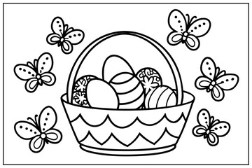 Fototapeta premium Easter Basket With Decorated Eggs And Butterflies A Holiday Coloring Page