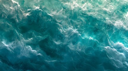 Close-up view of a textured surface of teal water, showing the details of waves and foam. The colors and patterns are intense and dynamic, creating a sense of movement and power.