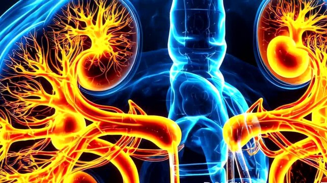 Glowing kidneys illuminated in vibrant blues and oranges