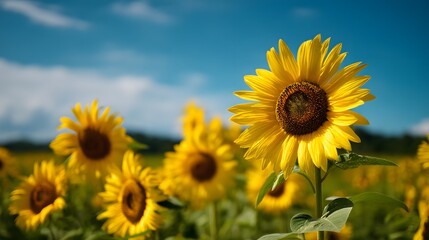 Vibrant yellow sunflower blossom stands tall in a sunny field under a clear blue sky