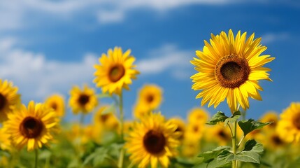 Vibrant yellow sunflowers stand tall in a sunlit field under a beautiful blue sky