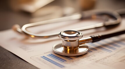 A silver metallic stethoscope chest piece rests on a white document with blue graphs