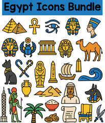Set of Colorful Egypt icons. Doodle style icon vector bundle.eps