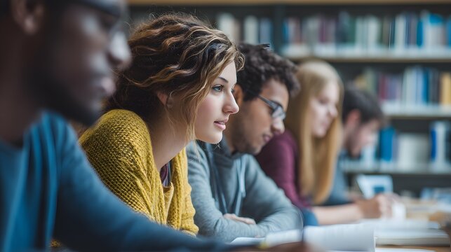 Diverse group of young adults seated observing or studying in a university library setting