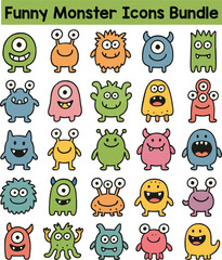 Set of Colorful funny monster icons. Doodle style icon vector bundle.eps