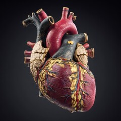 Detailed 3D Anatomical Model of the Heart Showing Internal Parts and Structures with Vessels and Tissue Representation