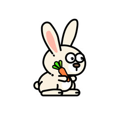 Obraz premium Funny cartoon rabbit with googly eyes holding a carrot. Cute animal character illustration isolated on a white background.