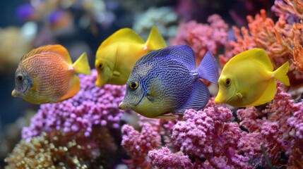 Obraz premium Vivid Aquarium Scene Featuring Colorful Tropical Fish Swimming Among Vibrant Coral Reefs in an Aquatic Habitat