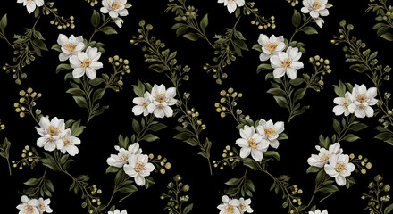 Obraz premium Elegant floral seamless pattern with white flowers and greenery on black background