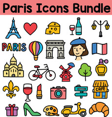 Set of Colorful Paris icons. Doodle style icon vector bundle.eps