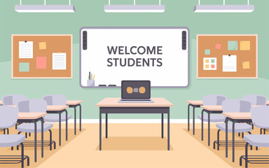 Flat vector illustration of a modern school classroom interior with digital whiteboard, swivel chairs, laptop desk, pastel green walls, and organized corkboards for a clean, academic atmosphere
