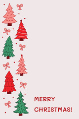 Pink Christmas hand drawn holiday card with cartoon trees and ribbons