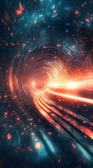 Journey Through a Digital Tunnel with Glowing Lights and Tech Elements