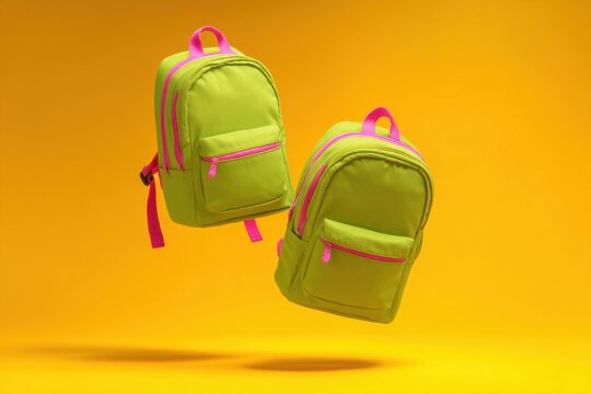 Two vibrant green and neon pink backpacks floating in the air isolated on a yellow background. Colorful school bags are suspending mid-air. Dynamic movement composition. product presentation, playtime