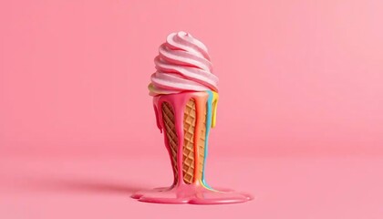Melting rainbow ice cream cone sculpture