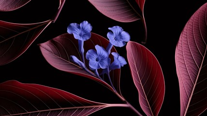 Periwinkle blooms amidst ruby foliage deep shadows
