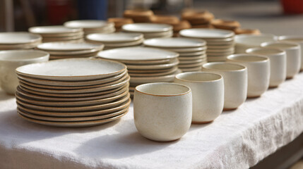 Earthenware Dinnerware Display: A meticulously arranged assortment of earthenware plates and cups rests on a neutral surface, showcasing a minimalist aesthetic for home decor.