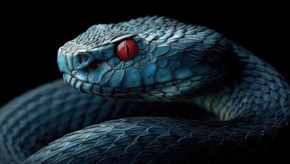 Fototapeta premium Close-up of a venomous snake, deep blue scales, red eye, intense gaze