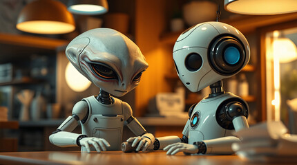 Fototapeta premium two vintage robots in a retro room with warm light and nostalgic ambiance.