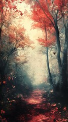 Walking Trail Through Autumn Forest with Red Leaves and Fog