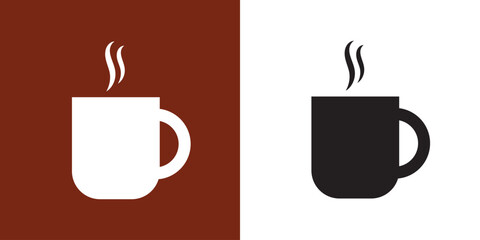 Minimal coffee or tea mug icon with steam in brown and white dual color design. Ideal for cafés, beverage branding, morning routine themes, restaurant graphics, or food menu illustrations.