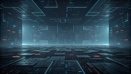 Immersive digital landscape with glowing circuits and futuristic technology architecture design concept