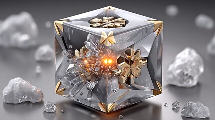 Sci-fi glowing mechanism encased in transparent cube shell high resolution picture