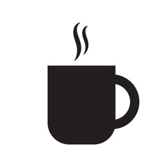 Simple black rounded coffee mug icon with steam on a white background. Ideal for cafe branding, beverage signs, hot drink labels, morning routine designs, or minimalist illustrations.