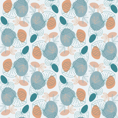 Decorative seamless pattern featuring linear leaves and soft abstract shapes in muted blue and terracotta tones. Perfect for textiles wallpaper packaging and modern surface design. 