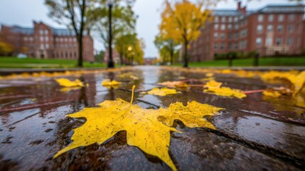an autumn scene with yellow leaves 