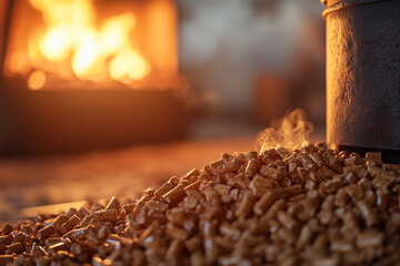 Close up of pile of woods with blurry fire place background generated.AI
