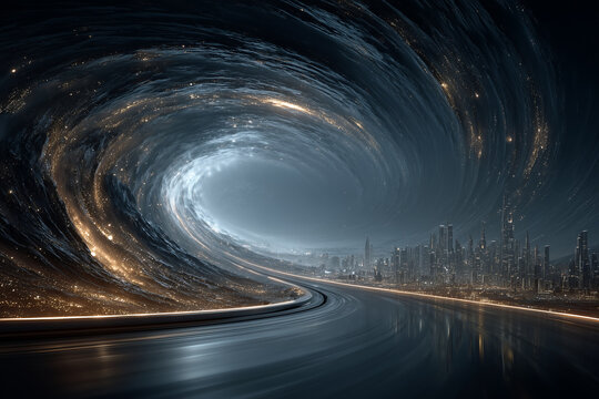 Futuristic city road leads to swirling galaxy