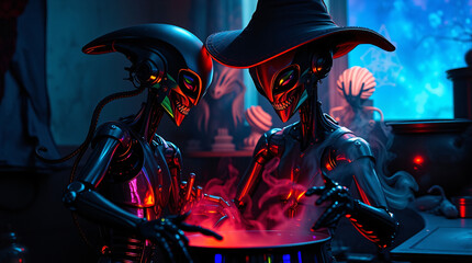 Two witches casting a spell over a glowing cauldron in a mystical setting.