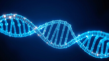 Digital illustration of a glowing blue DNA helix with a futuristic design.