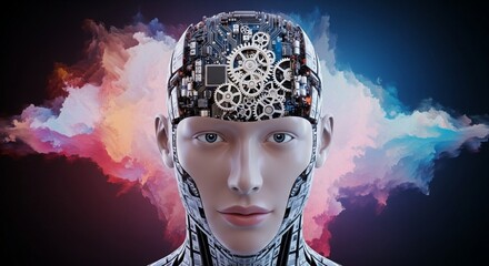 AI head with gears integrated into motherboards.