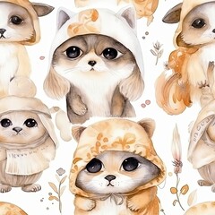 Fototapeta premium Adorable watercolor seamless pattern with cute animals in hoods 