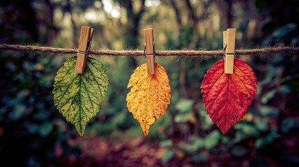 three leaves hanging on a clothesline with wooden pins