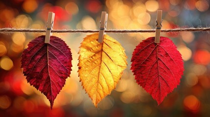 three leaves hanging on a clothesline with wooden pins