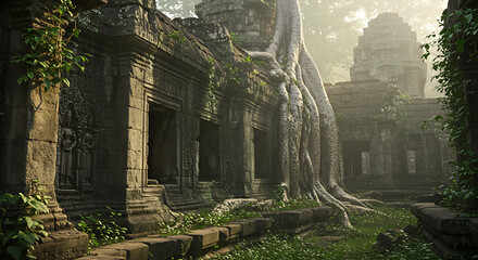 Naklejka premium Capture a forgotten ancient temple overgrown with jungle vines, framed by soft morning light. Focus on stone carvings and the way nature reclaims the structure.