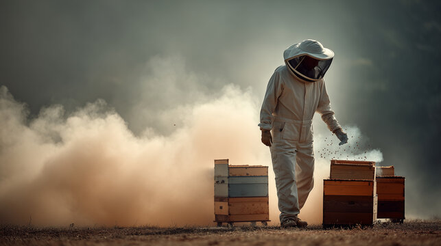 Beekeeper inspecting hives on a misty morning surrounded by drifting smoke and busy bees - Powered by Adobe