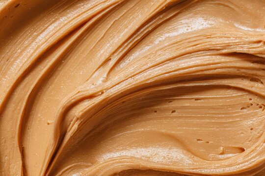 Creamy peanut butter spread swirl surface. Closeup, full frame. Crunchy Peanut butter background. American cuisine traditional product. Appetizing textured smears. Food paste from ground roasted nuts