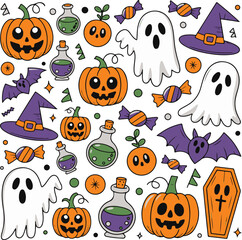 Spooky halloween ghost and bat silhouette design