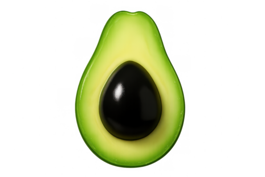 Close-up of a sliced avocado revealing its dark seed, isolated on a transparent background, perfect for food-related designs