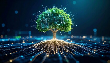Digital Growth: Sustainable AI Tree with Glowing Circuit Roots