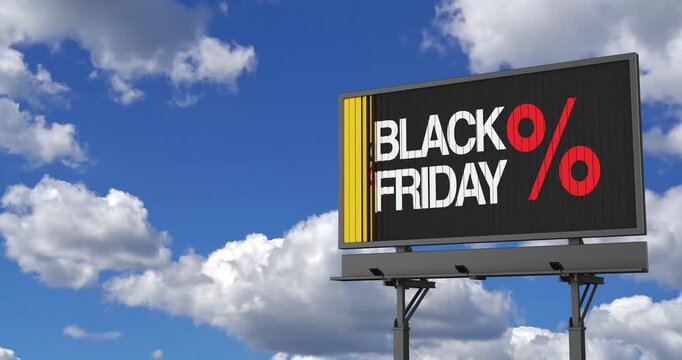 4k Resolution Video: Billboard Against the Background of the Sky with Moving Clouds, The Sign Black Friday Sale Switches to a Selling Slogan Message, with Alpha Matte