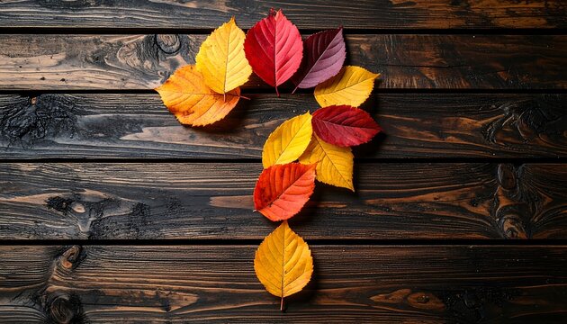 Colorful autumn leaves create question marks on rustic wooden table in soft daylight - Powered by Adobe