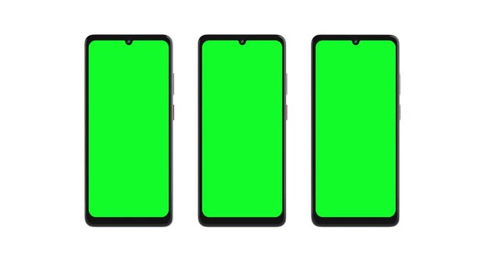 4k Resolution Video: Technology And App Design Concept. Three Smartphones With Green Screens Standing Side By Side On White Background with Alpha Matte