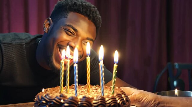 AI Generative Young man blowing out candles on cake, happy birthday celebration